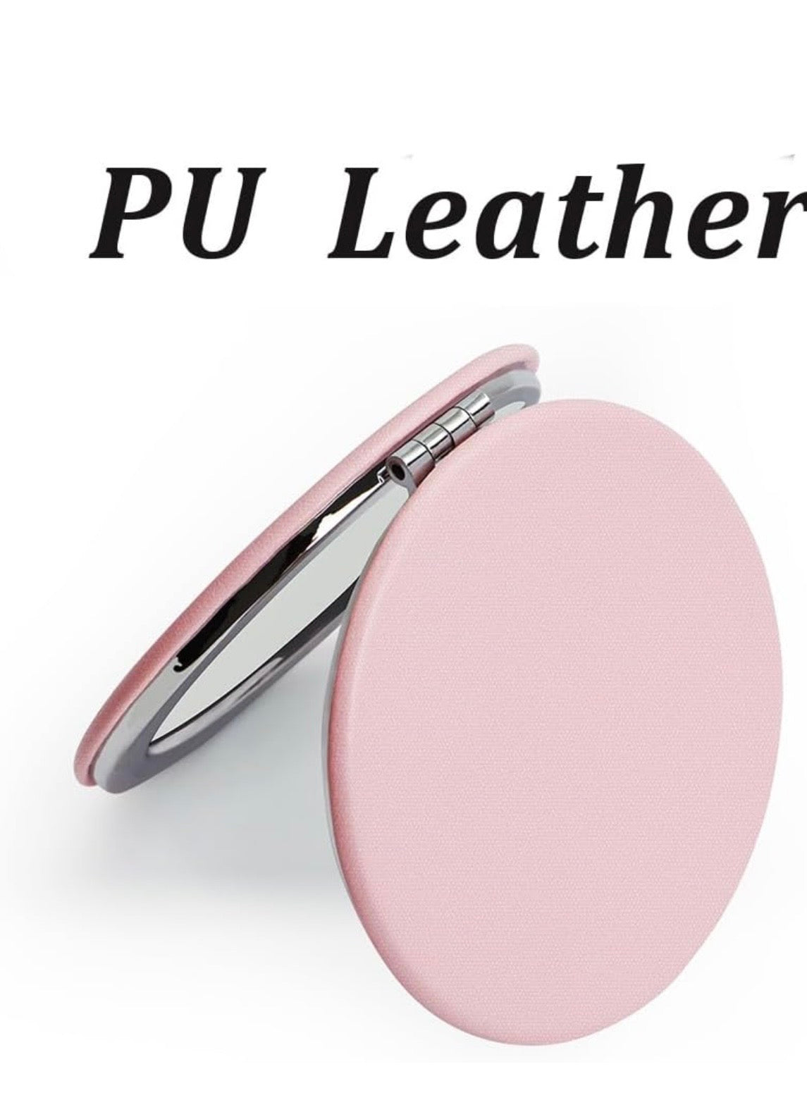 Compact Mirror for Purse - PU Leather Round Shell (Pink)